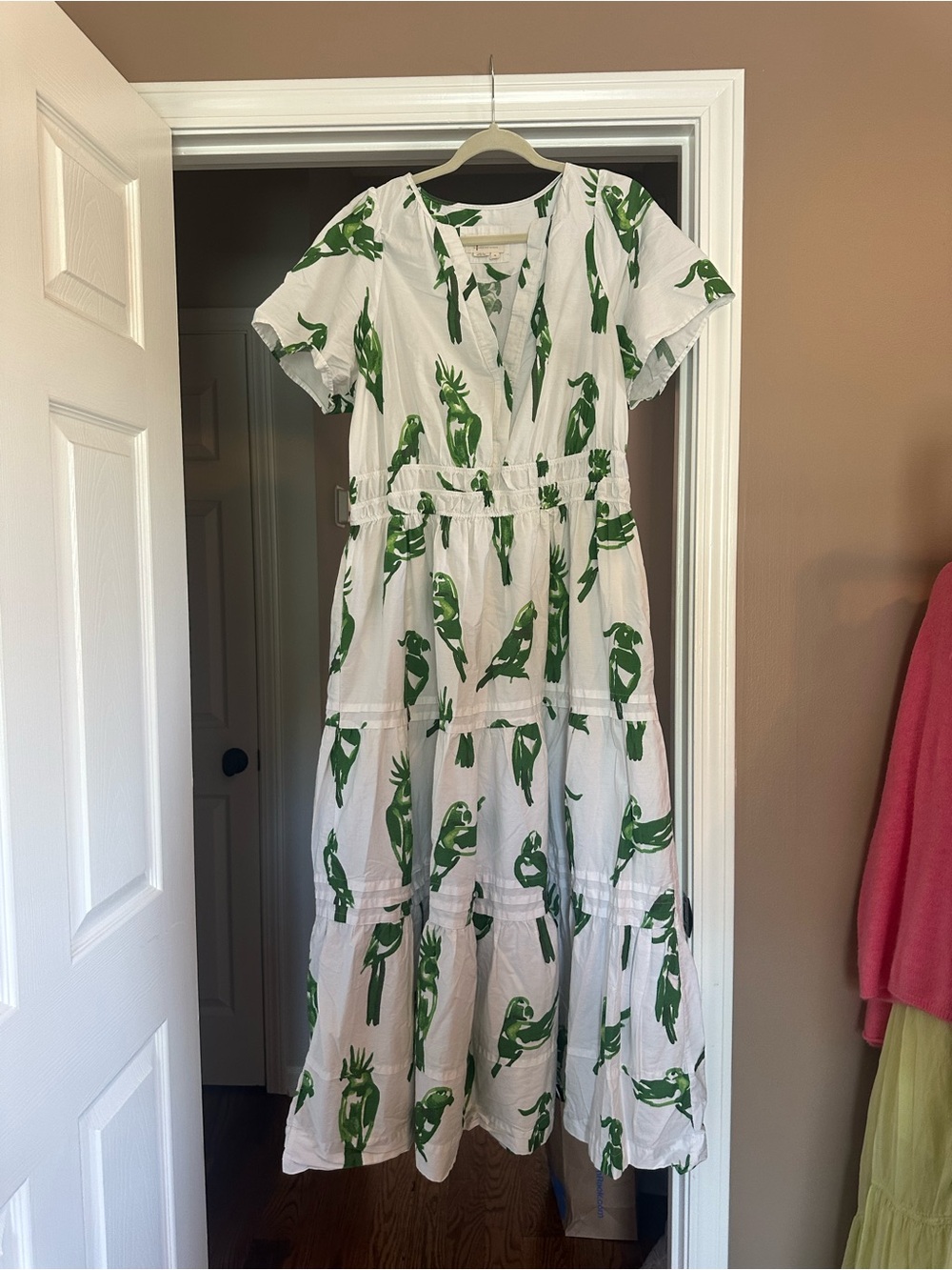 Anthro Somerset White Dress with Green Parrot Print